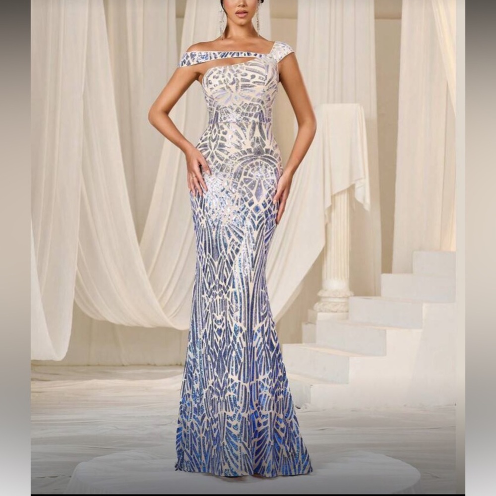 Elegant Blue and White Evening Gown
